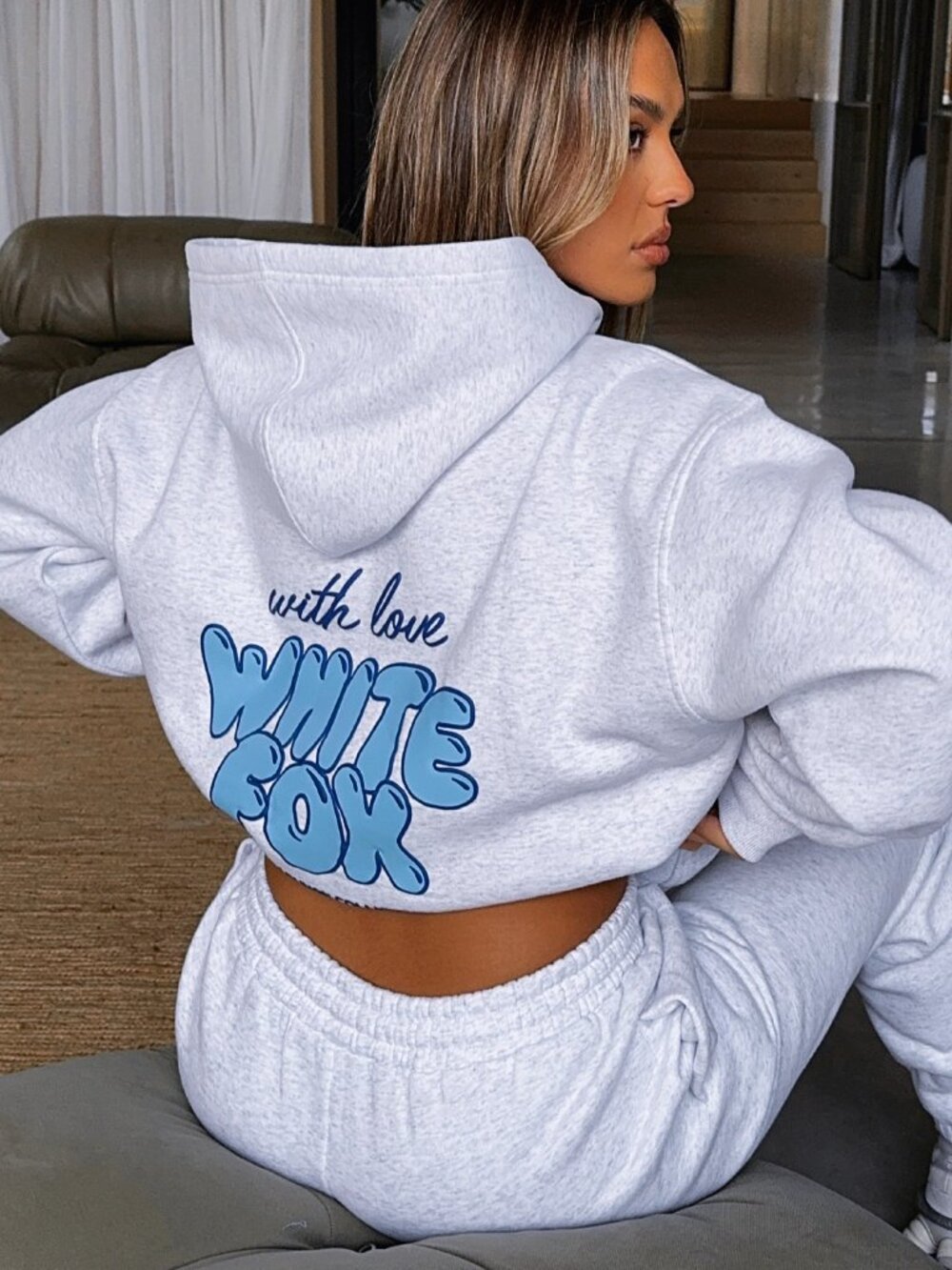 White Fox With Love Always Oversized Hoodie Grey Marle